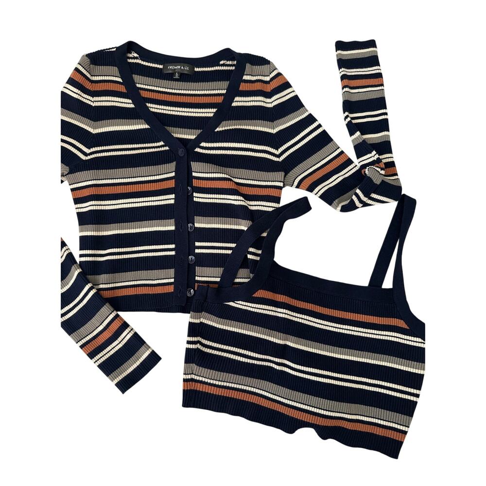 French Kiss Striped Ribbed Knit Cardigan Tank Set Navy